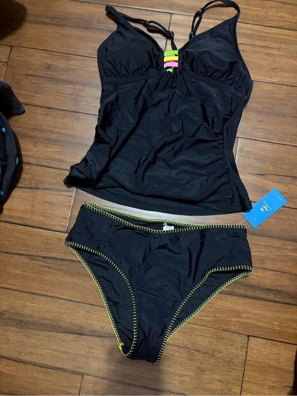 Cupshe Black Tankini with Neon Lime & Pink Accent